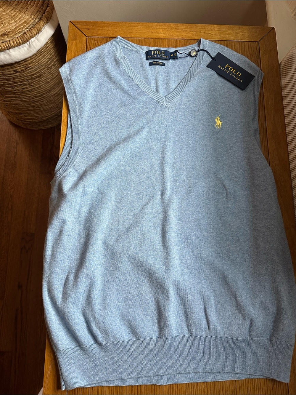 Ralph Lauren Men’s Light Blue V-Neck Sweater Vest with Yellow Pony